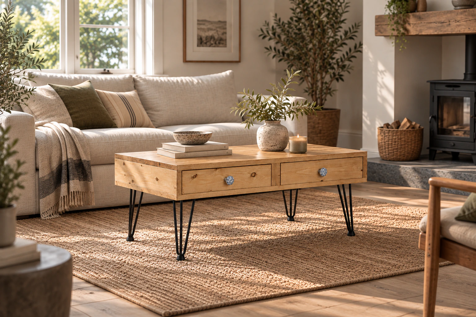 The Cennen Coffee Table with drawers in a sunlit living room, on a jute rug